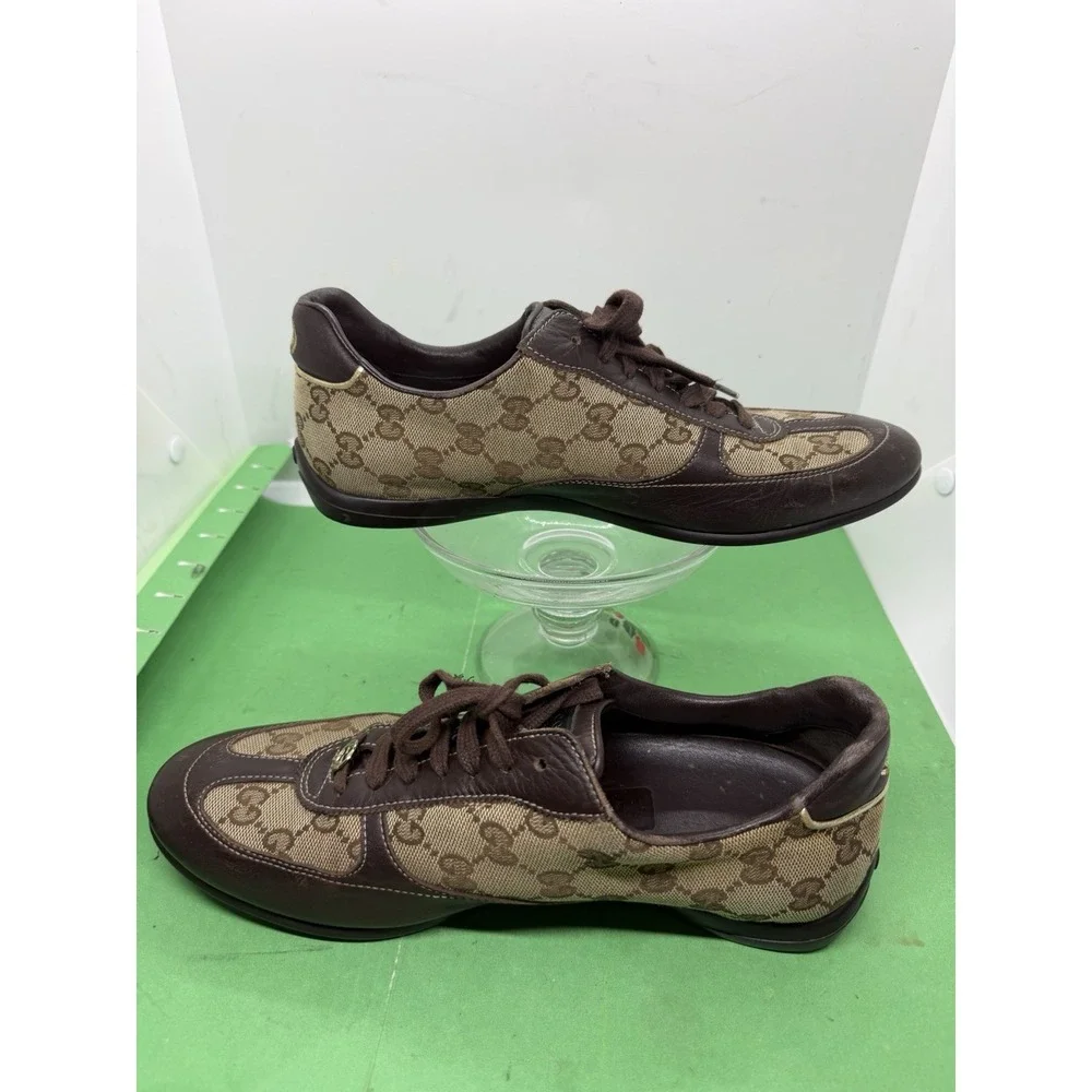 Gucci Women Sneakers Canvas Leather Lace Up GG Brown Size 38 US 7.5 164135